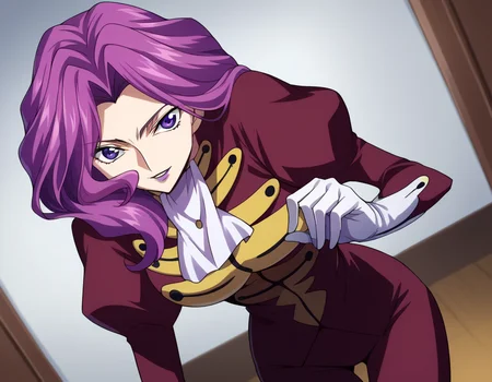 score_9, score_8_up, score_7_up, source_anime,
cornelialibritannia, <lora:cornellia-li-britannia-s1-ponyxl-lora-nochekaiser:1>
cornelia li britannia, purple eyes, purple hair,
ascot, gloves, juliet sleeves, lipstick, long sleeves, makeup, pants, puffy sleeves, purple lips, red pants, red shirt, shirt, white ascot, white gloves,
indoors, smile, bent over,
looking at viewer, dutch angle, cowboy shot, solo,