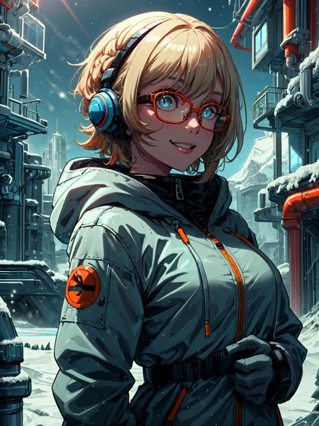 best quality,<lora:add_detail:0.3>, (1girl, solo, adult female, mature female), <lora:detailed_eyes:1>, <lora:concept_goodHands:1>, blonde hair, razor cut haircut, ice blue eyes,
<lora:style_pastTech_(plasttech--synthetic--scifi):0.9>, plasttech, synthetic, scifi,
plasttech arctic base, snow, ice, (plasttech parka, orange parka), smile, happy, glasses, outside, snowing, blue sky, hood, orange onesie,