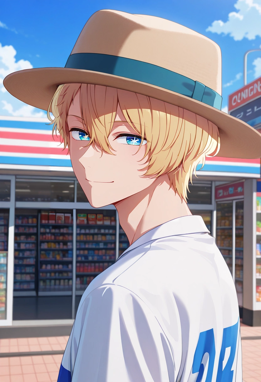masterpiece, best quality, , (3d:0.4), looking at viewer, 1boy, solo, male focus, <lora:aquamarine_hoshino_ilxl:0.92>, aquamarine_hoshino, blonde hair, blue eyes, bangs, hair between eyes, short hair, symbol-shaped pupils, star-shaped pupils, straight-on, store, convenience store, day, clouds, looking back, half-closed eyes, smile, , panama hat