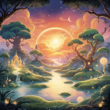 Neverland, Mythosia, Ivory Glades, Celestial Luminescence at Sunset <lora:ILLUSTRE_v1:1>