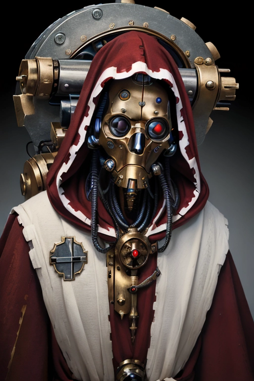 ((masterpiece,best quality)), absurdres, mechanical arms, robes, hood, (techpriest), cyborg, mechanical face, (orthoicon)