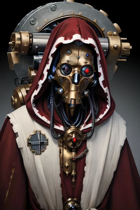 ((masterpiece,best quality)), absurdres, mechanical arms, robes, hood, (techpriest), cyborg, mechanical face, (orthoicon)
