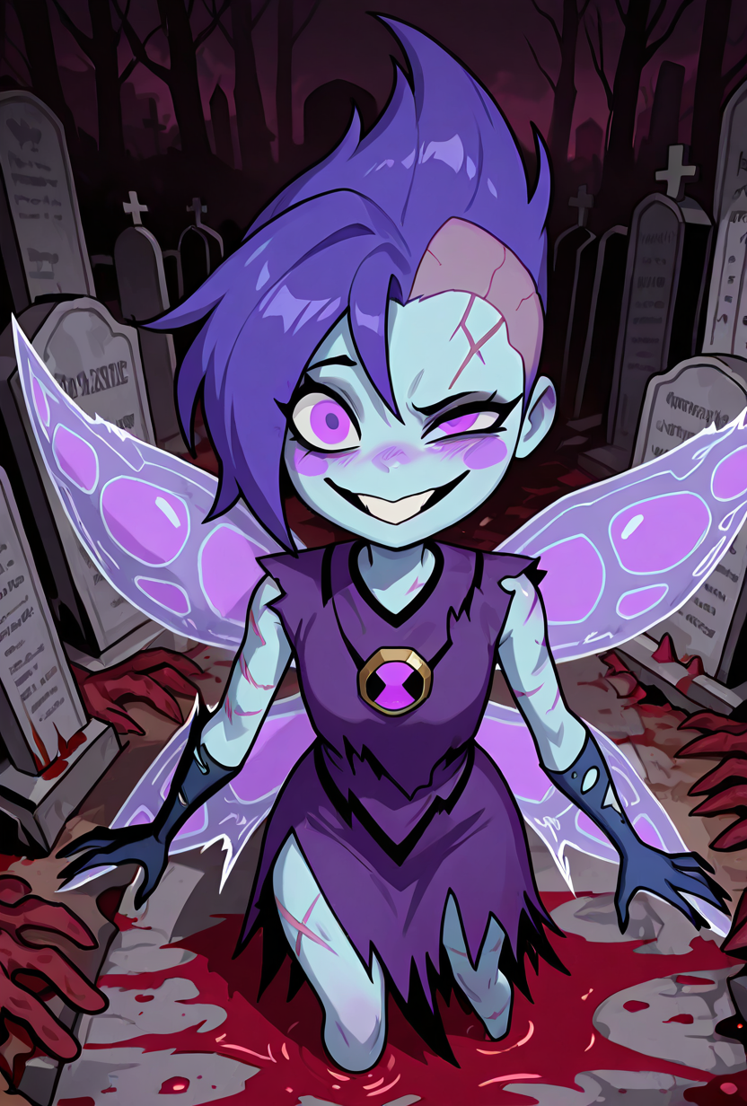 <lora:peskydust-09:1> peskydust, blue skin, torn fairy wings, blush stickers, 1girl, torn gloves, purple eyes, torn dress, purple dress, purple hair, bald patches, zombie, rotting flesh, insane smile, crazy, uneven eyes, scars, sharp blood, graveyard, solo,, masterpiece, best quality, amazing quality, very aesthetic, absurdres, newest,