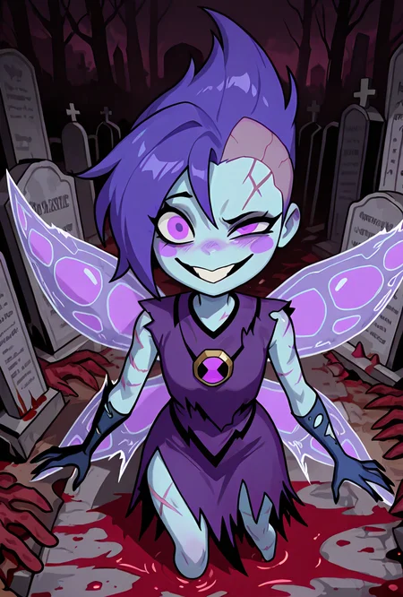 <lora:peskydust-09:1> peskydust, blue skin, torn fairy wings, blush stickers, 1girl, torn gloves, purple eyes, torn dress, purple dress, purple hair, bald patches, zombie, rotting flesh, insane smile, crazy, uneven eyes, scars, sharp blood, graveyard, solo,, masterpiece, best quality, amazing quality, very aesthetic, absurdres, newest,