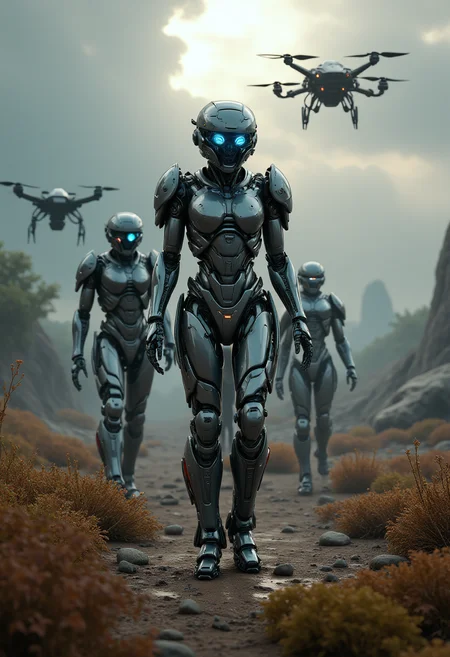 realistic scenery, ultra high quality, very detailed, a gorgeous heavily armored female space marine walks around and observs the area with her comrades, natural eye color, a drone supports the squad, hostile foreign planet, gloomy clouds, sunrays, strange foreign flora, close up, Robo, <lora:FluxRoboStyle>