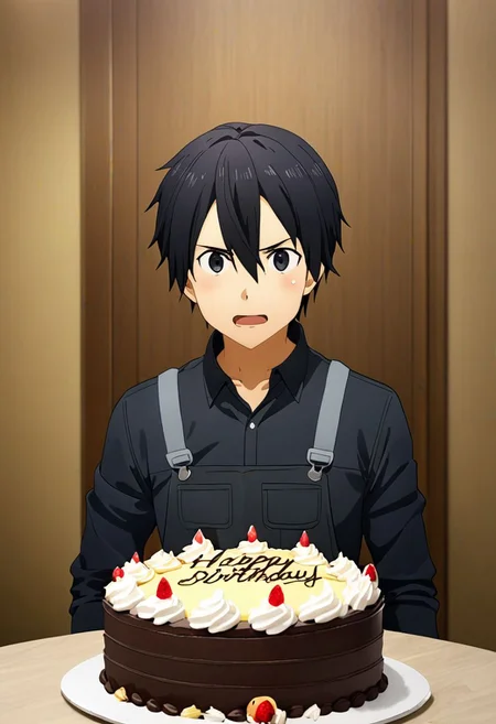 high resolution, professional photography, best quality, 1Boy, Kirigaya Kazuto, Black Hair, Black Eyes, overalldetail, surprise, birthday surprise, funny, birthday cake, birthday party