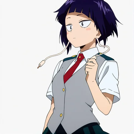 sharp focus, pixiv masterpiece, source_anime, best quality, high res, absurd res, anime_screencap, BREAK
<lora:Kyoka_Jiro_MHA_IL_v49:1> kyokajiro, 1girl, solo, purple_hair, short_hair, black_eyes, bangs, earlobes, earphone_plugs, collared_shirt, green_epaulettes, red_tie, grey_vest, white background, simple background, green_skirt, cowboy shot, simple background, standing,