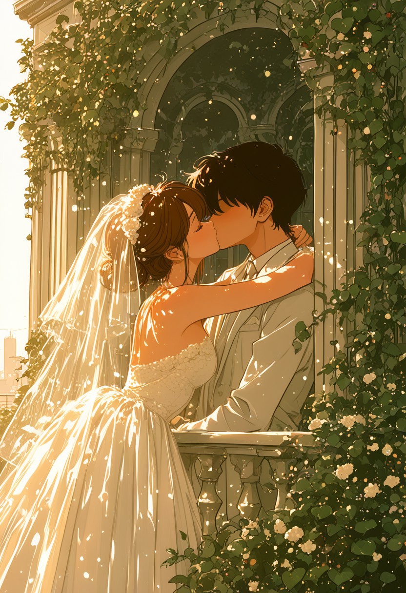 masterpiece, best quality, very aesthetic, absurdres, (anime coloring:1.2), ambient light, soft light, Rapscallionstyle, line art, usnr, 7481llu, ma1ma1helmes_b_illu,sketch, Bright_illu,sparkle,too many light particles, Rapscallionstyle, pinkretroanime, retro art,
watercolor art,
1girl in white wedding dress, 1boy in white suit, upper body, detailed face, faceless boy, kissing each other on a balcony, profile, balcony garden, potted flowers, ivy, ivy on pillars, flowers with different colors, large leaf, morning sunlight, urban skyline, distant skyscrapers, sunrise glow, warm tones, soft shadows, peaceful atmosphere, greenery contrast, city meets nature, gentle breeze, hair slightly lifted, dew drops on leaves, anime style, (exaggerated flower sizes), exaggerated leaf sizes, center view,
high detail, sharp shading, centered composition, soft shadows