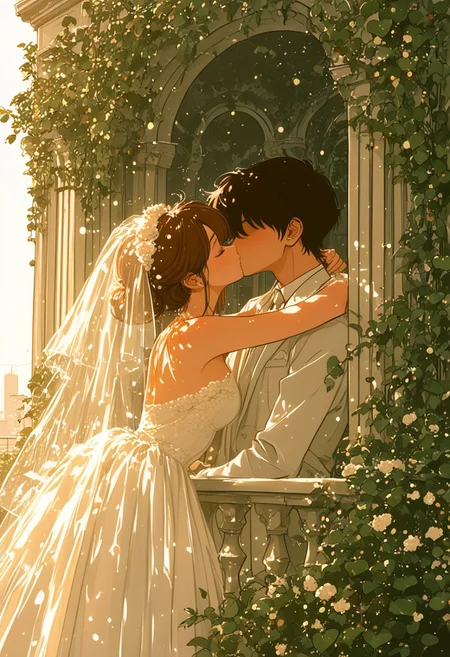 masterpiece, best quality, very aesthetic, absurdres, (anime coloring:1.2), ambient light, soft light, Rapscallionstyle, line art, usnr, 7481llu, ma1ma1helmes_b_illu,sketch, Bright_illu,sparkle,too many light particles, Rapscallionstyle, pinkretroanime, retro art,
watercolor art,
1girl in white wedding dress, 1boy in white suit, upper body, detailed face, faceless boy, kissing each other on a balcony, profile, balcony garden, potted flowers, ivy, ivy on pillars, flowers with different colors, large leaf, morning sunlight, urban skyline, distant skyscrapers, sunrise glow, warm tones, soft shadows, peaceful atmosphere, greenery contrast, city meets nature, gentle breeze, hair slightly lifted, dew drops on leaves, anime style, (exaggerated flower sizes), exaggerated leaf sizes, center view,
high detail, sharp shading, centered composition, soft shadows