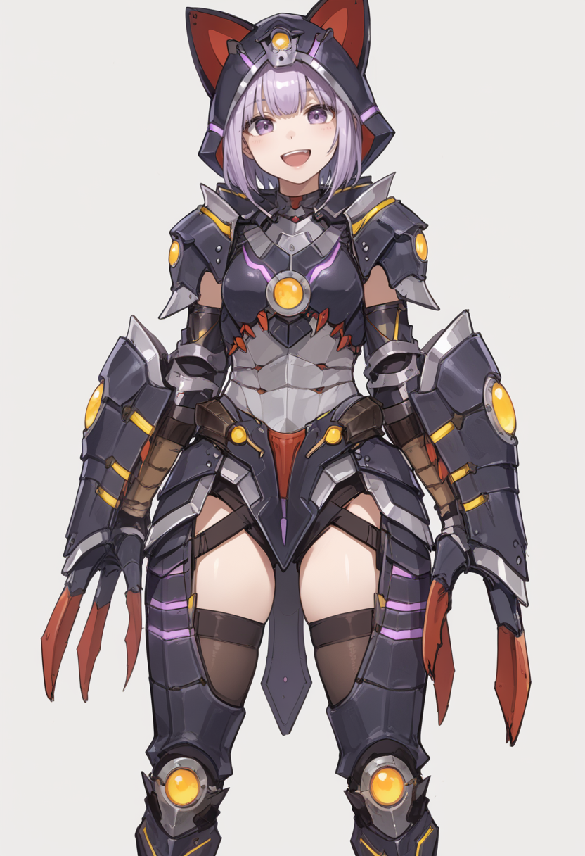 (score_9:0.9),score_8_up,score_7_up,rating_safe,anime style,(zPDXL),<lora:Almudron armor ponyXL v1:0.73>, 1girl, solo, purple eyes, open mouth, smile, white background, looking at viewer, purple hair, short hair, black cat hood, :d, simple background, almudron armor, black knee boots, black thigh armor, black claw gauntlets, full armor