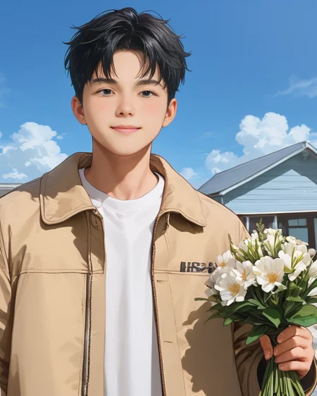 score_9, score_8_up, score_7_up, Korean, <lora:Expressive_H:1>, ((handsome young cute man:1.2, light skin)), ((21yo)),(focus male, solo:1.1), masterpiece, best quality,
The image features a young adult male standing in front of a bright blue sky, seemingly on a sunny day. The man is dressed in a casual yet stylish ensemble including a beige bomber jacket, a white shirt with a collar, and coordinating light-colored trousers. He is wearing dark, round-framed glasses and has short, styled black hair.
The man's pose suggests he is in a relaxed mood, with one hand casually placed on his forehead, while the other holds a small bouquet of white flowers. His expression is friendly and approachable.
The background is minimalistic and complements the subject well, with a simple, white-painted structure that seems to be part of a residential area, possibly a house or a small covered entrance. The skies are cleared of clouds, suggesting good weather, which adds a pleasant and airy feel to the image.
<lora:tae_dong-000018:1>, tae_dong
