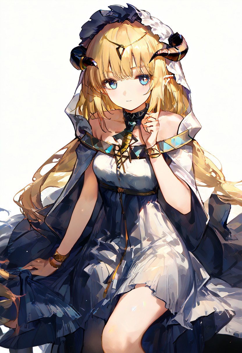 score 9, score 8 up, score 7 up, rating questionable,detailed background,aroused,cinematic lighting,dynamic lighting, source_anime,
1girl, nightingale \(arknights\),yellow hair,blue eyes,horns,upper body,dress,white background,alternate costume,