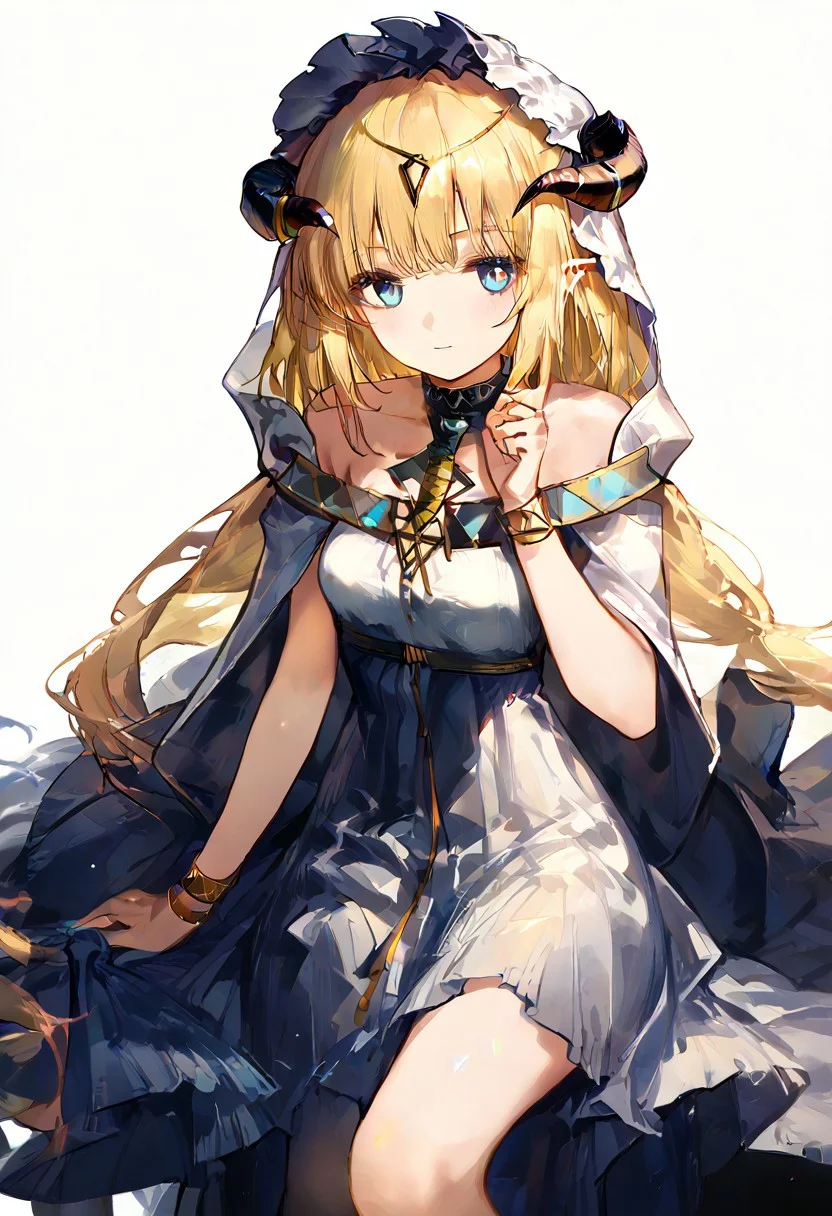 score 9, score 8 up, score 7 up, rating questionable,detailed background,aroused,cinematic lighting,dynamic lighting, source_anime,
1girl, nightingale \(arknights\),yellow hair,blue eyes,horns,upper body,dress,white background,alternate costume,