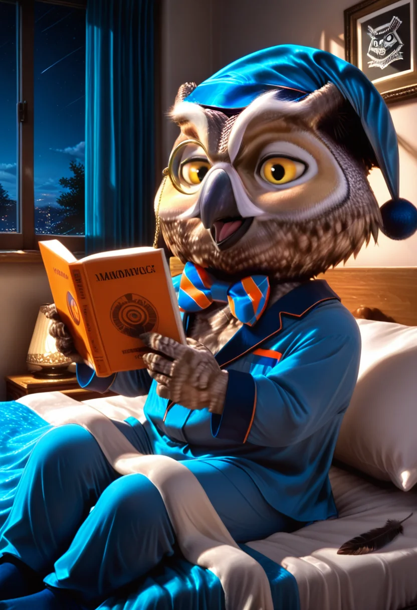 masterpiece, best quality, amazing quality, absurdres, newest, high quality BREAK NigelOWL, 1boy, owl, beak, furry male, animal focus, happy, monocle, short, male focus, yellow eyes, bedroom, feathers, feather fingers, sitting in bed, under the covers, nighttime, blue pajamas, blue nightcap, colorful bowtie, reading book, holding book <lora:Nigel_the_Owl_Xyzal_Mascot:1> <lora:illustriousXL_stabilizer_v1.93:1>