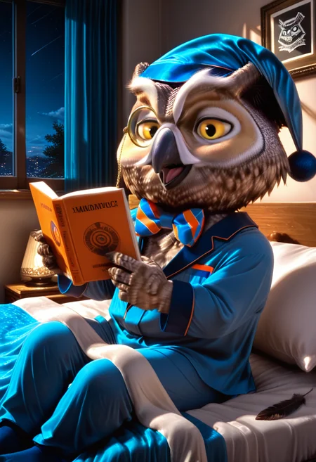 masterpiece, best quality, amazing quality,  absurdres, newest, high quality BREAK NigelOWL, 1boy, owl, beak, furry male, animal focus, happy, monocle, short, male focus, yellow eyes, bedroom, feathers, feather fingers, sitting in bed, under the covers, nighttime, blue pajamas, blue nightcap, colorful bowtie, reading book, holding book <lora:Nigel_the_Owl_Xyzal_Mascot:1>   <lora:illustriousXL_stabilizer_v1.93:1>