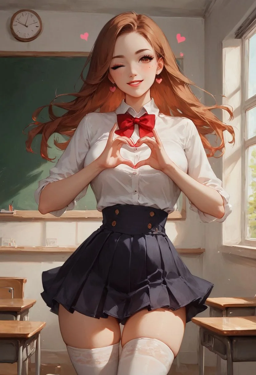 score_9, score_8_up, score_7, w1ln4y4, Expressiveh, digital painting, high quality, highly detailed, high contract, beautiful shading, 1girl, hourglass figure, wide hips, long brown hair, brown eyes, happy eyes, long black eyelashes, dark eyeshadow, cute smile, parted lips, white shirt, red bowtie blue pleaded short skirt, thigh high socks, arched back, classroom, Heart Hands, wink, floating heart