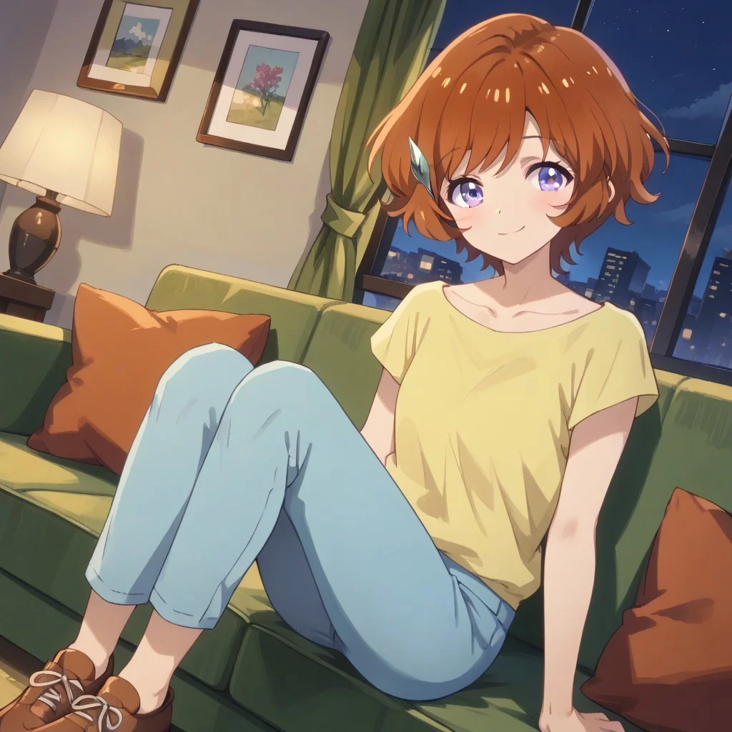 masterpiece, best quality, score_9, score_8_up, score_7_up, full body, 1 girl, looking at viewer, cowboy shot, dutch angle, indoors, sitting on couch, living room, night, blush, smile, Anz, brown hair, short hair, hair ornament, purple eyes, collarbone, yellow shirt, blue pants, brown shoes