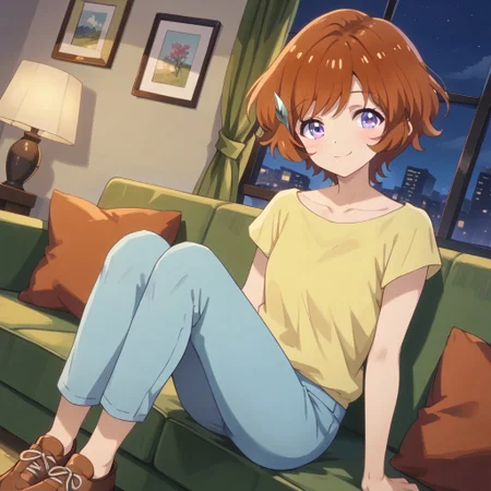 masterpiece, best quality, score_9, score_8_up, score_7_up, full body, 1 girl, looking at viewer, cowboy shot, dutch angle, indoors, sitting on couch, living room, night, blush, smile, Anz, brown hair, short hair, hair ornament, purple eyes, collarbone, yellow shirt, blue pants, brown shoes