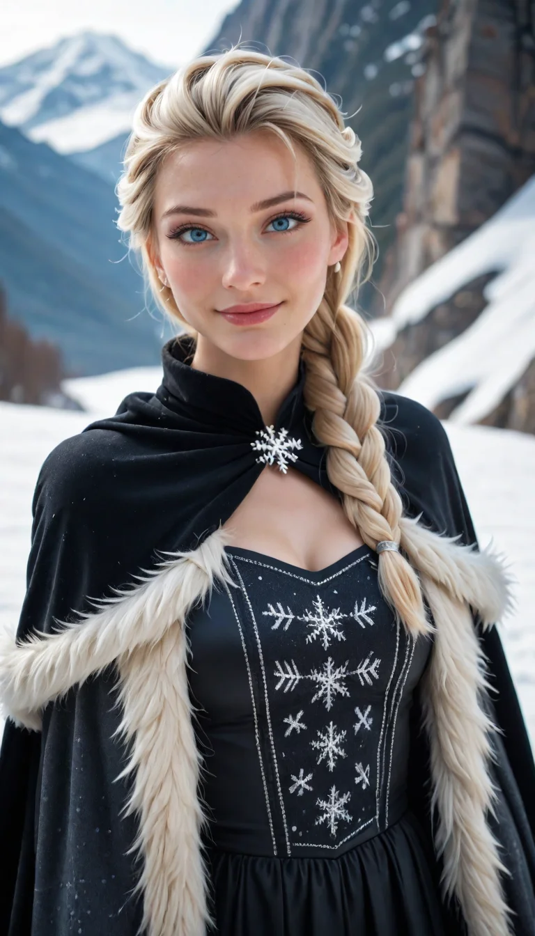 score_9, score_8_up, score_7_up, Portrait, Elsa of Arendelle, cute, seductive, innocent, light smile, plump lips, slender body, dark cape, dark dress, fur trim, single braid, snowflake pattern, snowy mountain background, depth of field, dynamic angle, photo realistic:1.4, realistic skin:1.4, fashion photography, sharp, analog film grain