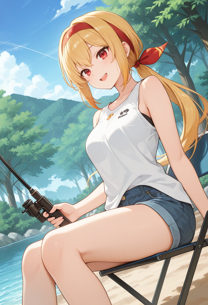 1girl, solo, masterpiece, best quality, newest, absurdres, CG, anime, source anime, illustration, very aesthetic, high resolution, ultra-detailed, scenery, rule of thirds, masterpiece-level, clean lines, serene atmosphere,
BREAK
dutch angle, cinematic angle, safe, sfw, intricate scenery,
day, blue sky, clouds,
forest, lake, folding chair, sitting,
<lora:kaelaIL:0.45> kaelaIL, long hair, medium breasts, low ponytail, red eyes, (blonde hair:1.5), tsurime, red hair ribbon, headband, happy smile, open mouth,
denim shorts, white shirt, sleeveless, untucked shirt,
<lora:fishing_Illust_v1:0.8> fishing