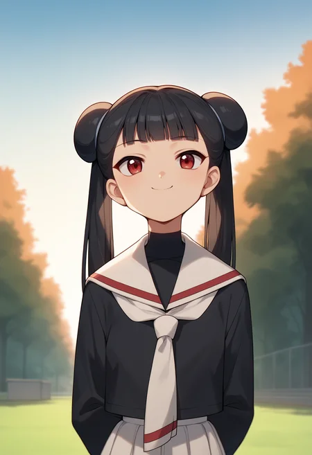 score_9, score_8_up, score_7_up, score_6_up, score_5_up, score_4_up, BREAK, source_anime,
1girl, meilingli, black hair, blunt bangs, double bun, twintails, red eyes,
black shirt, long sleeves, white neckerchief, sailor collar, school uniform, white skirt,
hands behind back, smile, upper body, looking at viewer, solo, outdoors, blue sky, park background <lora:MeilingLiXL:1>
