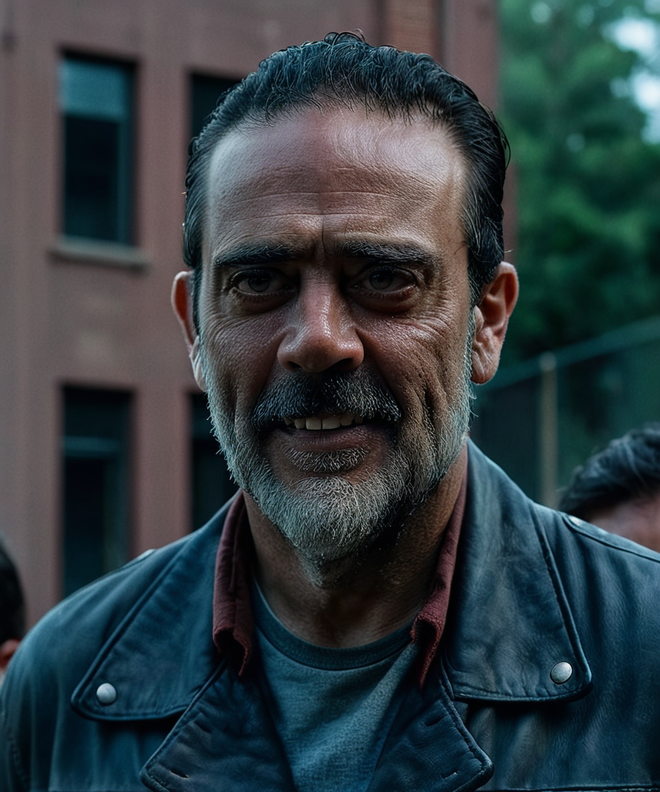 cinematic head and shoulder portrait,TWDNegan,high detailed defined skin pores,perfect hands,perfect eyes,high quality photography,cinematic composition,film grain,mirrorless camera,4k textures,4k resolution,The Walking Dead,<lora:TWDNegan:1>,