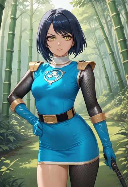 score_9, score_8_up, score_7_up, BREAK,
1girl, solo, BREAK,
sentaikageblue, shiny clothes, spandex, BREAK,
silver bodysuit, fishnet bodysuit, bodysuit under clothes, aqua dress, shoulder pads, aqua skirt, black belt, BREAK,
aqua gloves, no headwear, BREAK,
ku70u5a4a, dark hair, short hair, yellow eyes, medium breasts, thick thighs, BREAK,
standing, serious, BREAK,
dutch angle, outdoors, forest, bamboo, evening,