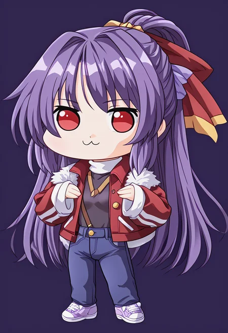 <lora:trumkuu_Pv11-000030:1> ntrkuu, hair bow, purple hair,long hair,ponytail, red eyes, , denim, jeans, jacket, pants, shirt, high quality, turtleneck, <lora:Doro_X_PDXL_V1:1> doro, creature, :3, chibi, no humans, white skin, solid circle eyes, no pupils,
