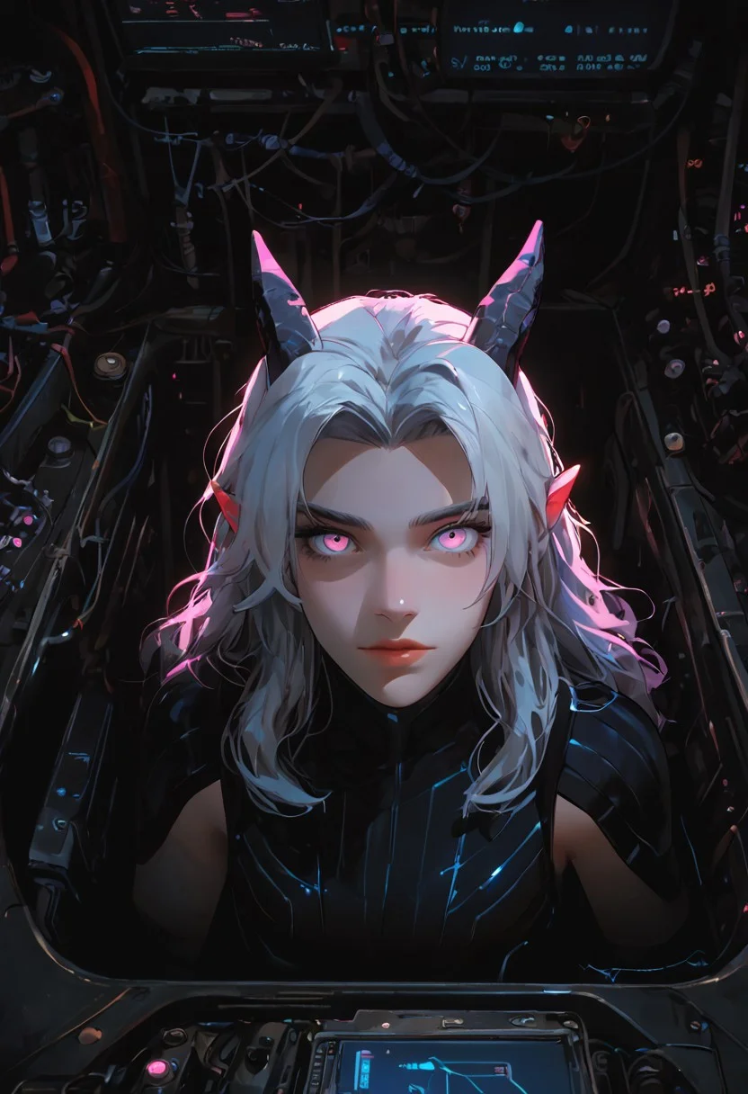 ((score_9_up, score_8_up, score_7_up:1.3)), rating_safe, face closeup, 1girl, rayla, long hair, white hair, horns, pointy ears, purple eyes, (very attractive face), wide hips, image from above, (expressive eyes), (cobalt blue, white and magenta plugsuit:1.1), futuristic style, inside mech cockpit, mecha cockpit, (futuristic computer monitors, gauges, lights:1.1), detailed background, amazing background, neon, glow, glowing, (bioluminescence:1.1), high contrast, dynamic angle, dynamic pose, coy expression, very aesthetic, diffused lighting, every detail illuminated, ultra-detailed, masterpiece artwork, flawless anatomy, easynegative, eye catching, Expressiveh, g0thicPXL, glowing, neon, TDPStyle,