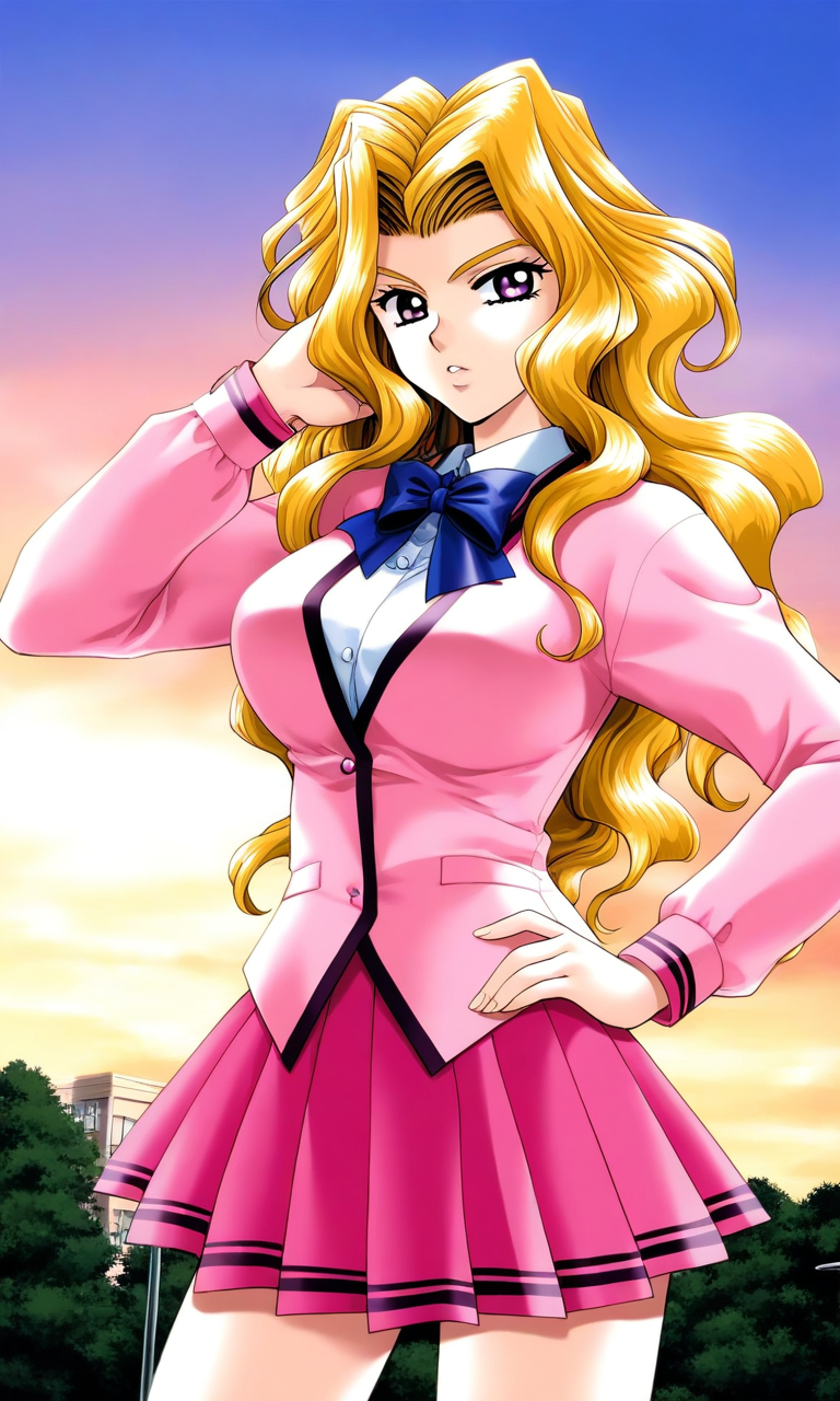 general,highres, ultra-detailed,very aesthetic,best quality ,best hands, BREAK <lora:Shindou_Reiko_kakyuusei_Ver2.0_IS:1>
Shindou_Reiko(kakyuusei), 1girl, solo, blonde hair, long hair, purple eyes, large breasts, wavy hair, 
pink skirt, school uniform, long sleeves, pink jacket,
sky, outdoor, hand on hip, looking at viewer,
cowboy shot,  pleated skirt,