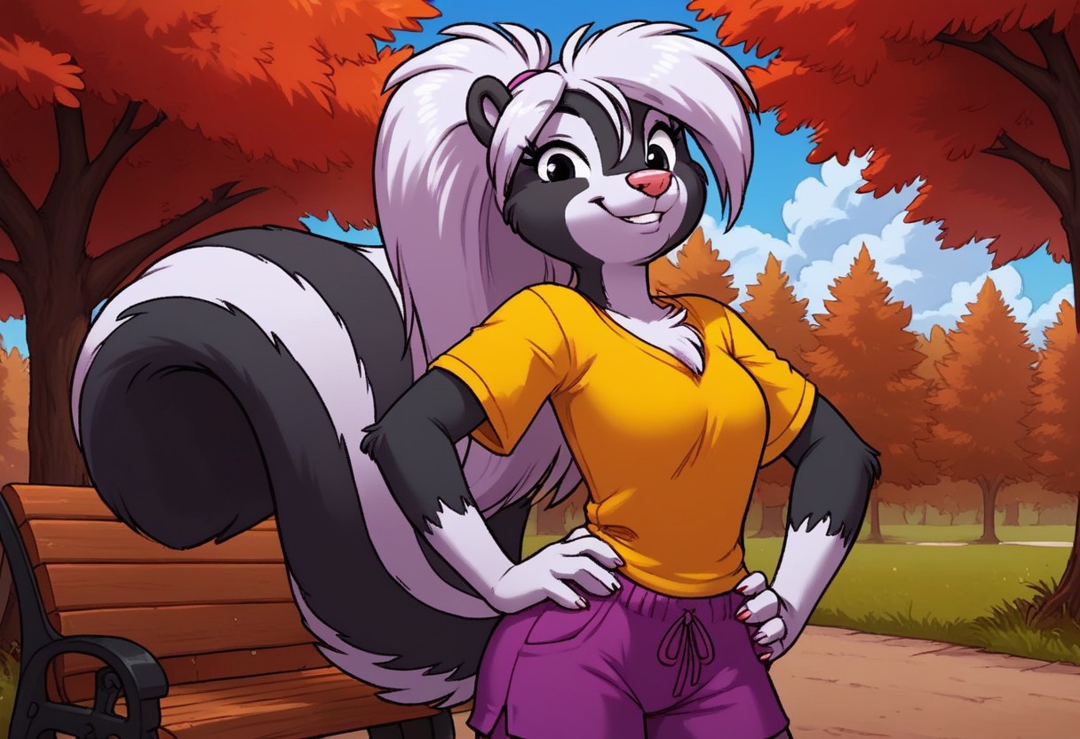 score_7, score_8, score_9, dynamic lighting, detailed background, background is park, benches, trees, walkway, clouds, sunny, glowing, close up, cowboy shot
BREAK 
Solo, 1 female, single female, anthro, furry female, female skunk, Tabitha Skunk, short, white black, long hair, (white hair), pink animal nose, black eyes, (skunk tail), feet claws, chest fur tuft, ((white cheeks))
BREAK 
standing, looking at viewer, smiling, purple shorts, yellow t shirt, hands on hips