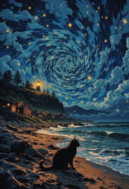 on the beach at night, under a bright starry sky with swirl patterns ((The sky is filled with Van Gogh style, twisted into swirl lines, creating a feeling of movement, as if the stars and clouds are pulsating and rotating))
A black cat sits on the shore. In the background you can see a lighthouse, illuminating the shore and the houses nearby, creating an atmosphere of comfort and mystery.