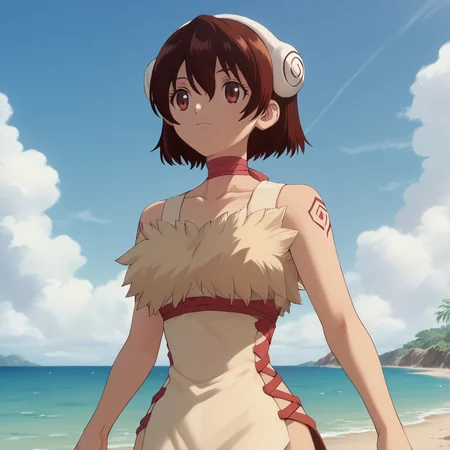 <lora:SlimesYuzuriha:1>, score_9, score_8_up, score_7_up, slimes_yuzuriha, woman, solo, tropical beach background
