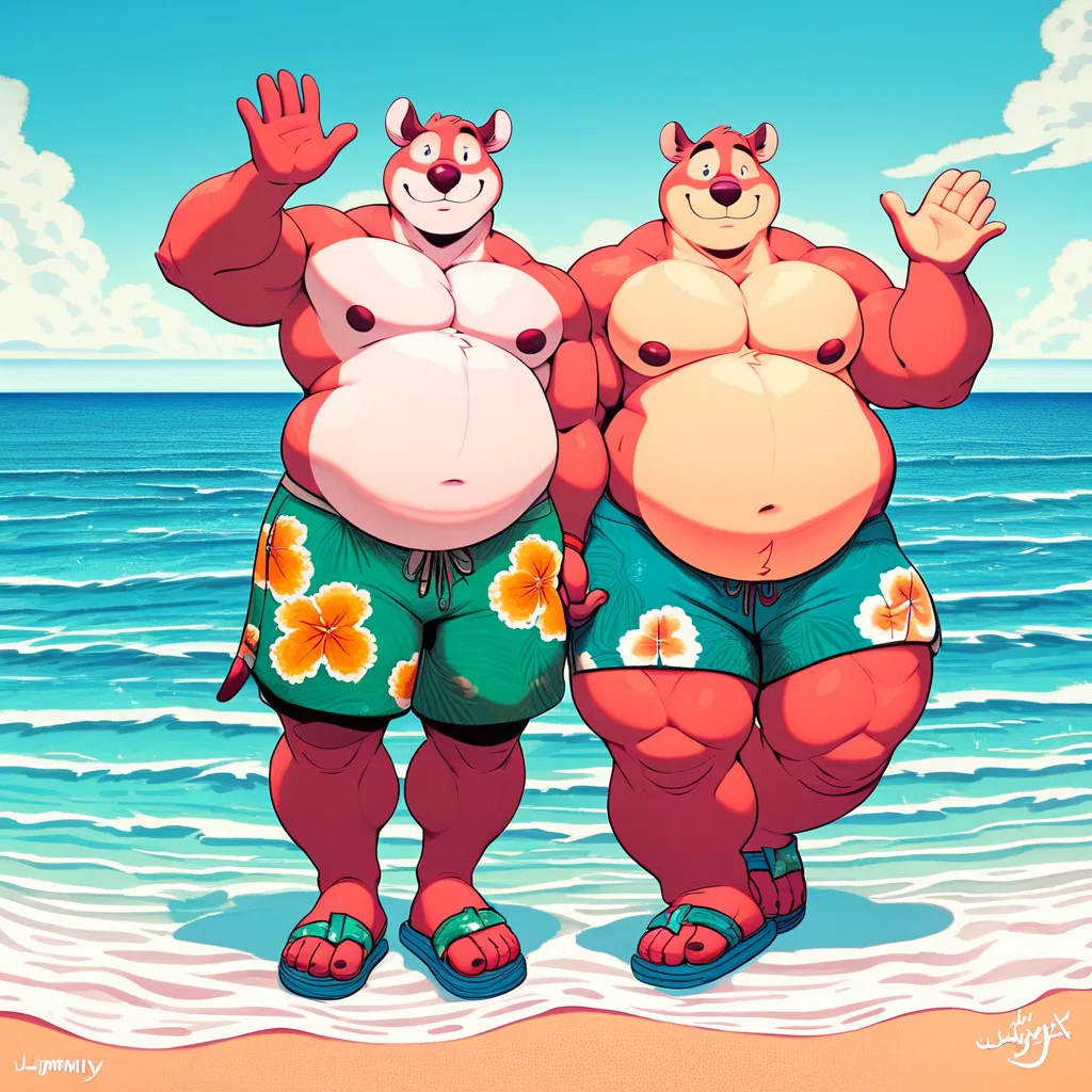 score_9, score_8_up, score_8, furry, cartoon style, smooth lines, countershading, soft shading, 2d, extreme detail, 4K, high definition, high resolution, overweight male, chubby, fat, extra thicc, big belly, pecs, thick thighs, wide hips, topless, swim trunks, sandals, standing, one hand on hip, one hand holding up Hawaiian flag, Hawaiian flag, Hawaiian flag waving, Hawaiian flag in one raised hand, outside, beach, sunny