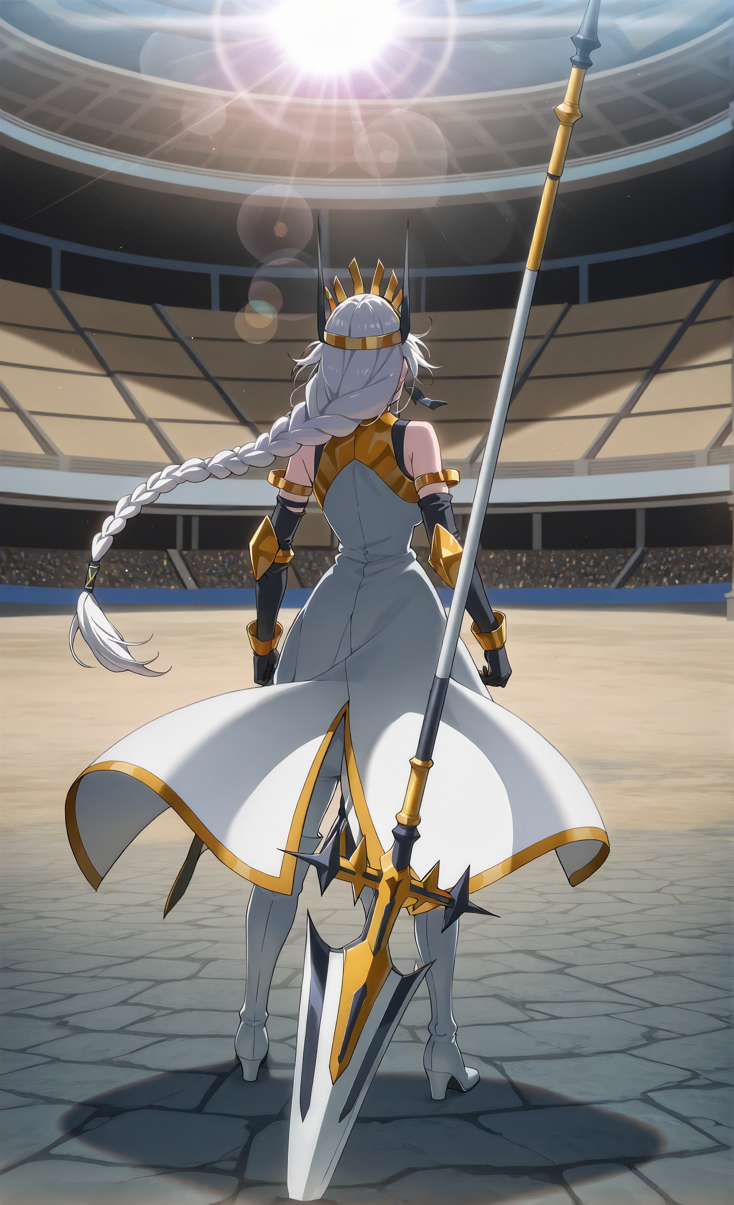 masterpiece, sharp detail, intricate detail, 1girl, <lora:To_be_hero_X_-_Queen:0.8> queen \(to be hero x\), black hanafuda earrings, long braid, black gloves, full body, planted spear,  arena, stone floor, lens flare,