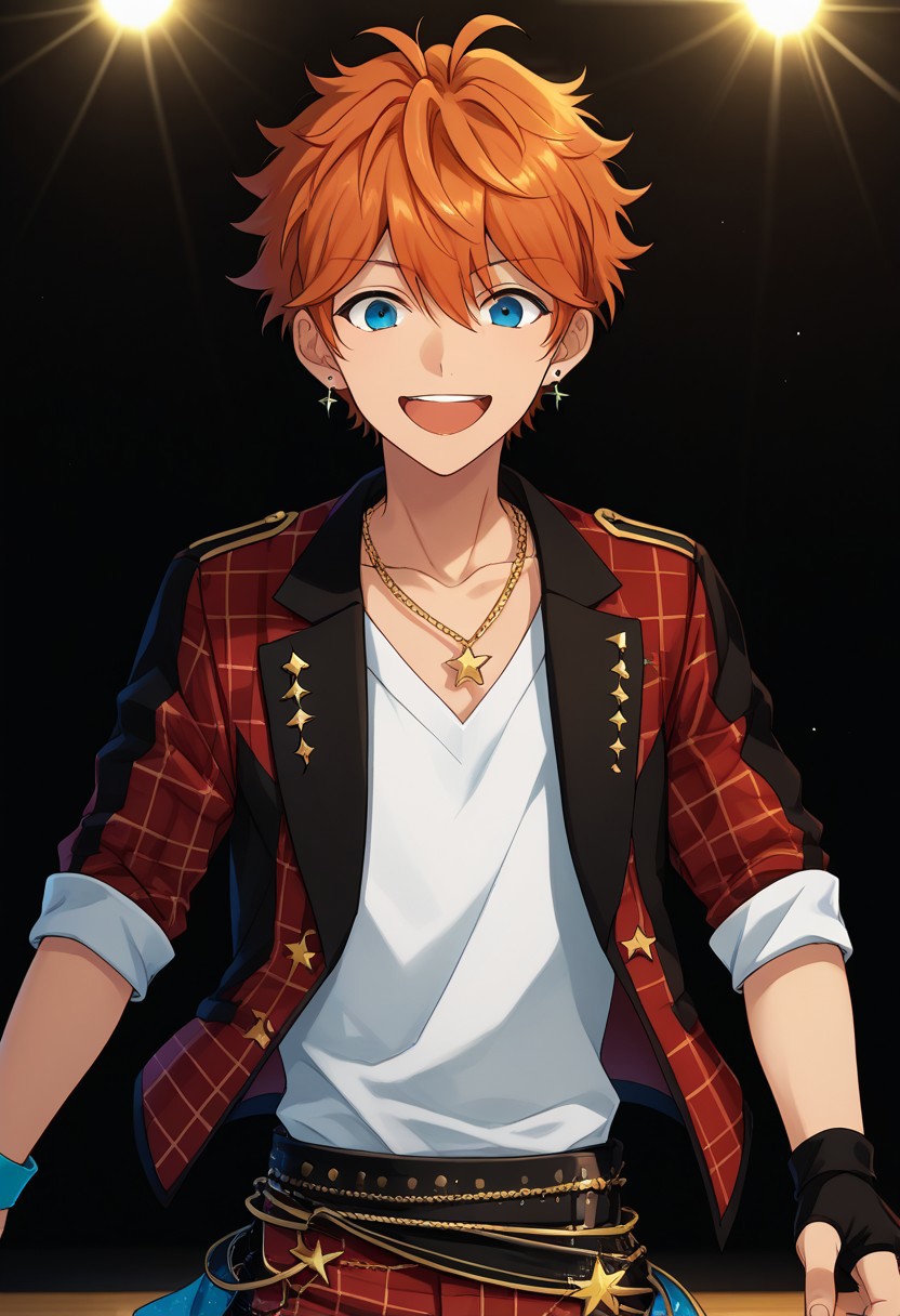 score_9, score_8_up, score_7_up, source_anime, highly detailed, 
subaruake, 1boy, male focus, gloves, orange hair, fingerless gloves blue eyes, solo, jewelry, 
upper body, smile, necklace, open mouth, pants, plaid, black gloves, looking at viewer,
plaid pants, earrings, jacket, plaid jacket, trickstar uniform,
indoor, stage,