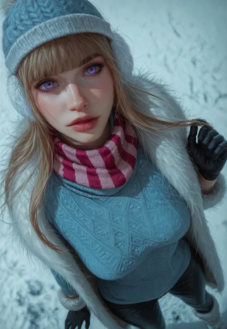 safe_pos, score_9, score_8_up, score_7_up, score_6_up, score_5_up, score_4_up, realistic, photo, dynamic angle, dramatic shadows, raw lighting, BREAK, 1girl, (cute)1.2, innocent and alluring, SyndraSDayXL, purple eyes, light blonde hair, long hair, bangs, blue beanie, white earmuffs, medium breasts, pink striped scarf, winter coat, blue sweater, black gloves, black pants, leg warmers, white footwear portrait, outdoor, Style-Winter, detailed face, tucking hair