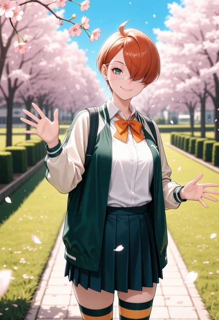 masterpiece,best quality,absurdres,highres,very aesthetic,high quality,detailed,insanely detailed,beautiful,perfect lighting, ,depth of field,blurry background,bokeh, looking at viewer, outdoors, garden, cherry blossoms, falling petals, blue sky, grass, field, waving hands, smile,
<lora:Kuin Hachisuka illu:1>1girl, short hair, orange hair, green eyes, white eyepatch, hair over one eye, school uniform, pleated skirt, white shirt, jacket, jewelry, orange bow, collared shirt, long sleeves, striped thighhighs