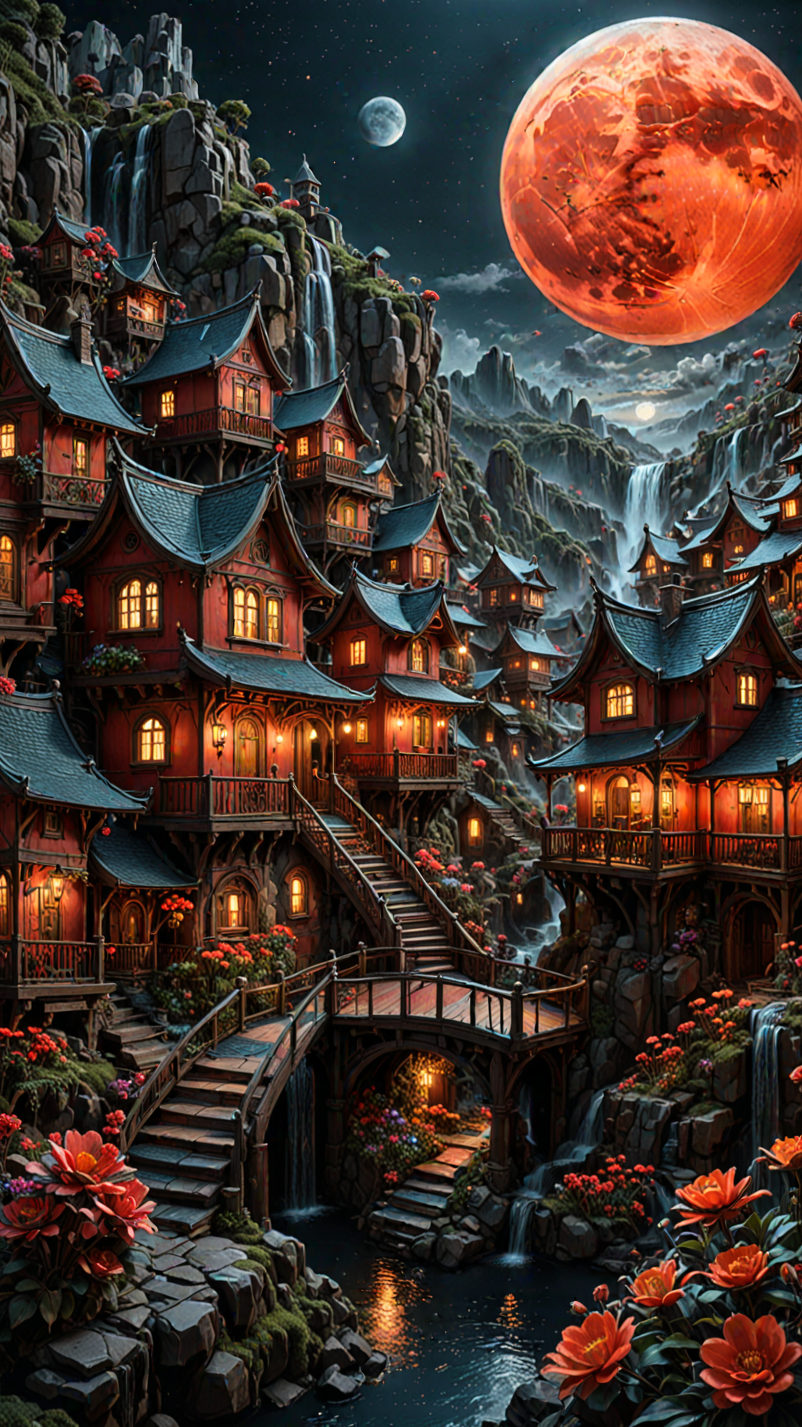 Huge Flower Village, houses, at Night, Red moon, Large waterfall, magnificent, celestial, ethereal, painterly, epic, majestic, magical, fantasy art, cover art, dreamy, insanely detailed and intricate, hyper maximalist, elegant, hyper realistic, super detailed, vivid colours, ornate, dynamic, articulate, 8K, <lora:3D_Framed_Wall_Art_-_By_DICE:0.8>, (Framed 3D), EPIC, high budget Hollywood movie, volumetric, Painstaking Attention To Detail, UHD