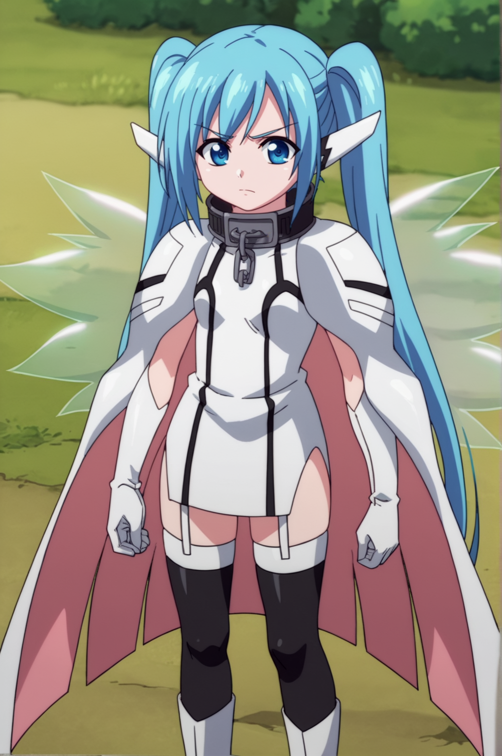 score_9, score_8_up, score_7_up,anime_source, source_anime, best background, detailed background, anime screencap,  nymph, 1girl, cape, collar, gloves, long hair, metal collar, solo, thighhighs, twintails, wings <lora:Nymph:0.8>