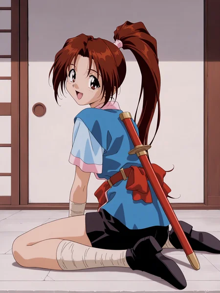 masterpiece,best quality,newest,
1girl,solo,
<lora:sakura_ilxl_v1.0>,sakura,high ponytail,brown hair,brown eyes,
s_clothes,short_sleeves,open clothes,belt,ribbon,black short culottes,bandaged legs,black footwear,sheath_on_back,
<lora:Fixhands_anime_bdsqlsz_V1:1>,looking_at_viewer,wariza,:d,retro artstyle,