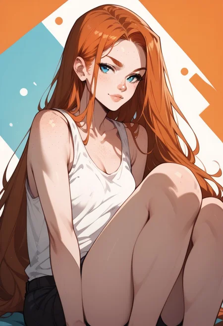 score_9, score_8_up, score_7_up, score_6_up, 1girl, Ginger, GingerRH, Very long ginger hair, straight hair, parted bangs, freckles, chest freckles, blue eyes, pale skin, small breasts, pinup pose, posing, abstract background, orange tint, aesthetic, white tank top, nipple peek, shorts, sitting, knees up, hugging own legs, looking at the viewer,
