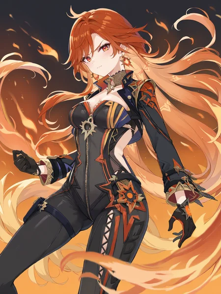 score_9, score_8_up, score_7_up, source_anime, 1girl, mavuika \(genshin impact\), earrings, black bikesuit, black gloves, shrug \(clothing\), metal collar, cowboy shot, fire, embers, looking at viewer, floating hair, glaring, midair, fighting stance <lora:Char-Genshin-Mavuika-V1-Pony:1>