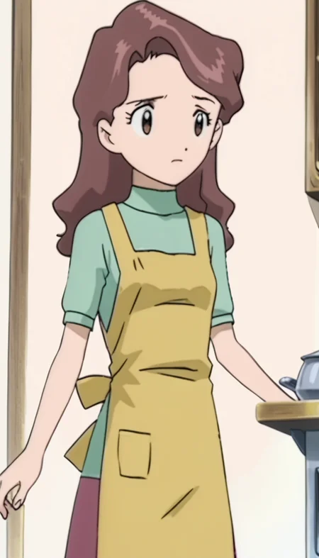 izumikae,brown hair,long hair,apron,brown eyes,shirt,skirt,<lora:æ³ä½³æ±-000011:1>,, anime screencap,score_9,simple background,
