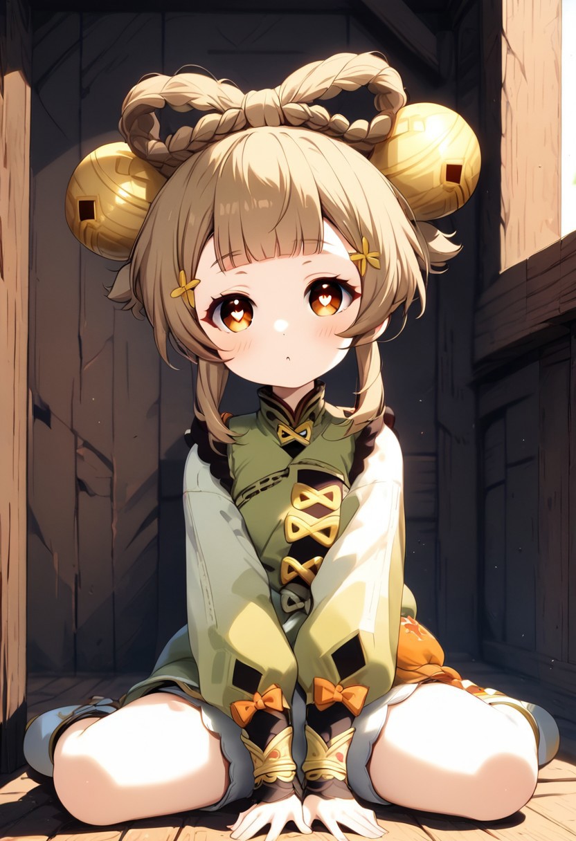 1girl,
gen-yaoyao, hair ornament, hair bell, light brown hair, shiny hair, braid, hair rings, blunt bangs, ornament on sidelocks, orange eyes, thick eyelashes, flat cheast, green chinese clothes, puffy long sleeves, white bloomers, white boots, orange pouch、bascket
skinny, petite, (youthful looking:1.6), (tiny body), extra petite, very small body, extra short, cute, heart eyes, tiny breasts
BREAK
sitting, facing viewer, legs, expressive, detailed lighting, cabin, closeup