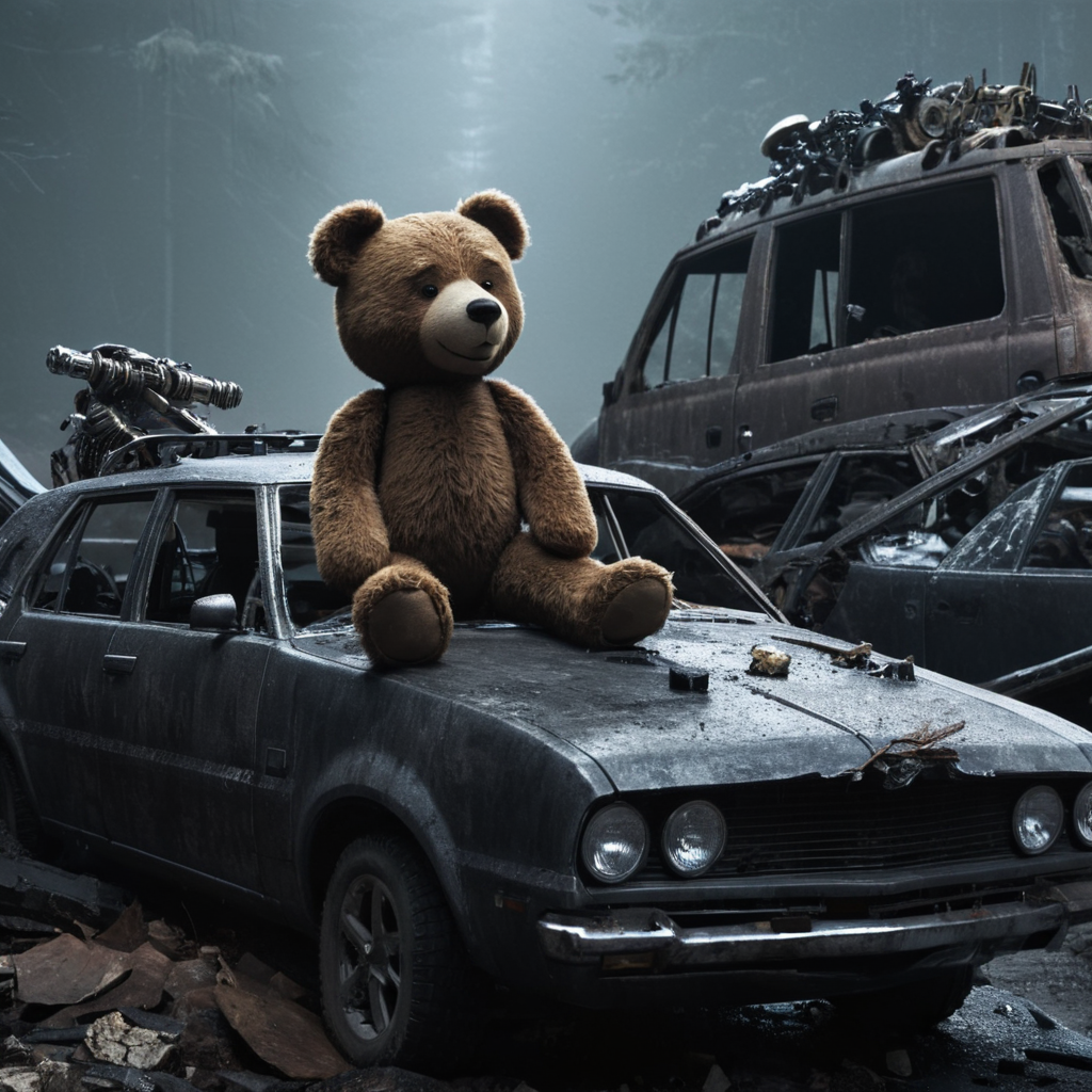 professional 3d model of  <lora:LoDe+Ro style:1>
a teddy bear sitting on the hood of a wrecked car with a broken window and a skeleton inside,multiple boys,ground vehicle,motor vehicle,dog,realistic,LoDe+Robots Style,Love Death + Robots style,Love,Death & Robots style,animated,horror,dark,black,apocalyptic,dystopian,domination , dramatic light, cyberpunk, LoDe+Ro style, octane render, highly detailed, volumetric, dramatic lighting