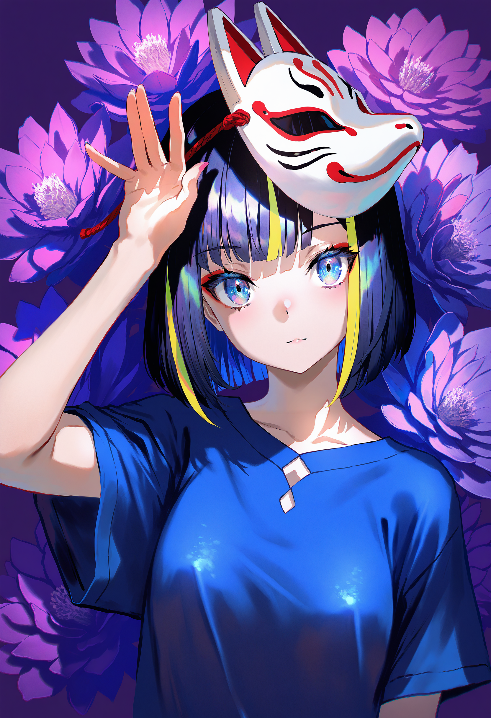by lack|fuzichoco|lam|kinta \(distortion\)|wlop|quasarcake|nixeu|happoubi jin,
phony_(cevio), 1girl, arm up, puple hair, streaked hair, blonde streaks, blue eyes, blue shirt, bob cut, closed mouth, expressionless, fox mask, hand up, looking at viewer, mask, multicolored hair, purple background, purple hair, rabbit pose, shirt, short hair, short sleeves, simple background, solo, t-shirt, upper body,
floral background, purple flower,
masterpiece, best quality, very aesthetic, absurdres
<lora:illustrious_quality_modifiers_masterpieces_v1:1>
<lora:illustrious_noobai_epsilon_pred_1_best_quality_v1:1>