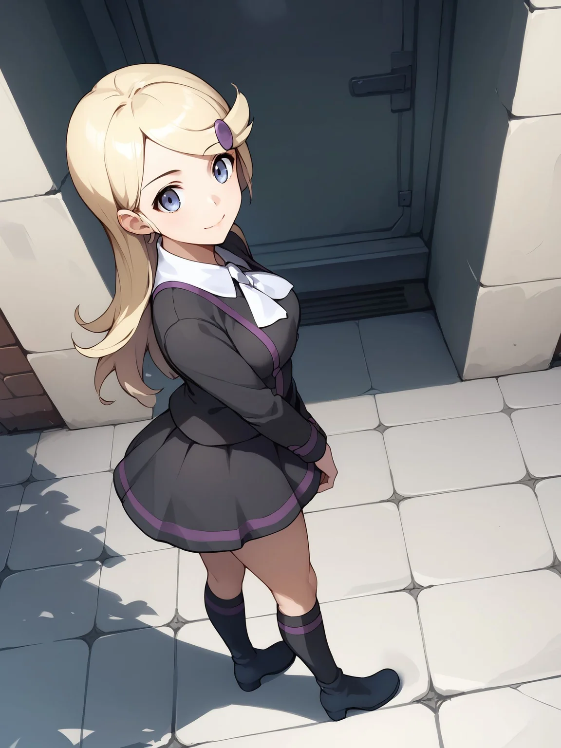 score_9, score_8_up, score_7_up, score_6_up, BREAK source_anime, best quality, masterpiece,
1girl,<lora:Acetrainer XY_PonyXL:0.8>,acetrainer xy,hairclip,white ascot,black shirt,skirt,knee boots,full body,standing,smile,from side,from above,dutch angle,looking at viewer,