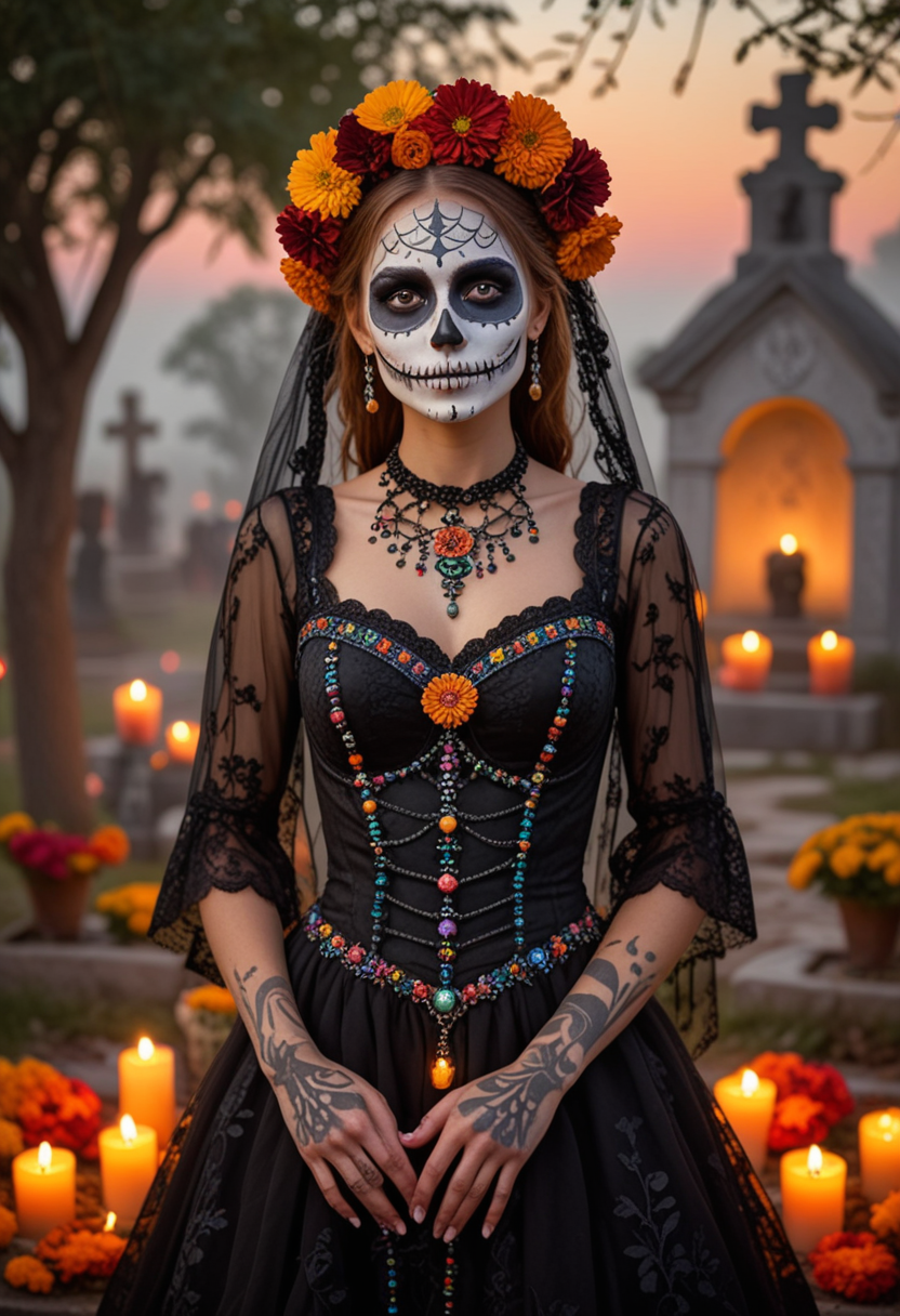 (medium full shot) of (skeleton bride) young woman, wearing a midnight black floral patterned dress with intricate details, colorful face art, beaded necklace, set at Dia de Muertos, in  a mystical cemetery, with foggy pathways, glowing candles, intricate grave decorations, mystical atmosphere, and ethereal marigold arrangements, during sunset, woman smiling, Masterpiece,best quality, photo, realistic, very aesthetic, detailed face,