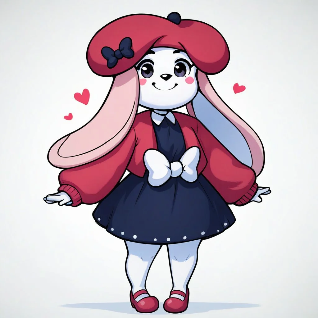 score_9, score_8_up, score_8, score_7, source_cartoon, source_furry, Rosianna_R, Solo, 1girl, anthro, furry female, bunny, rabbit girl, white fur, pink ears, rabbit ears, heart blush stickers, black eyes, black nose, red beret, red jacket, black collared dress, white waist bow, red mary janes, full body, looking at viewer, smile, standing, white background,
